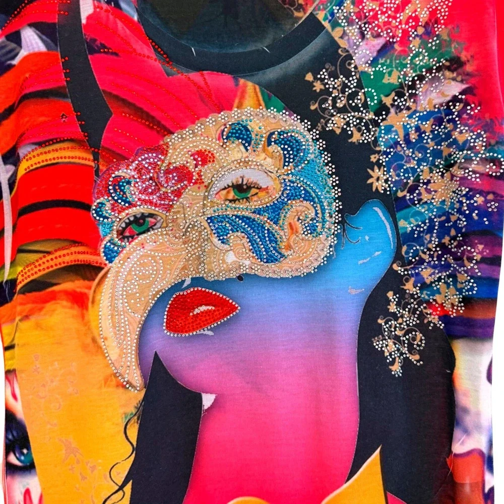 Underglass Bright Mardi Gras Carnival  T-Shirt Rhinestone Masked Print S NWOT - Picture 2 of 7